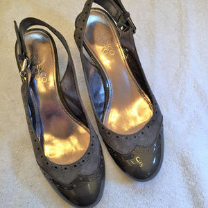 Franco Sarto grey suede and patent slingback heels